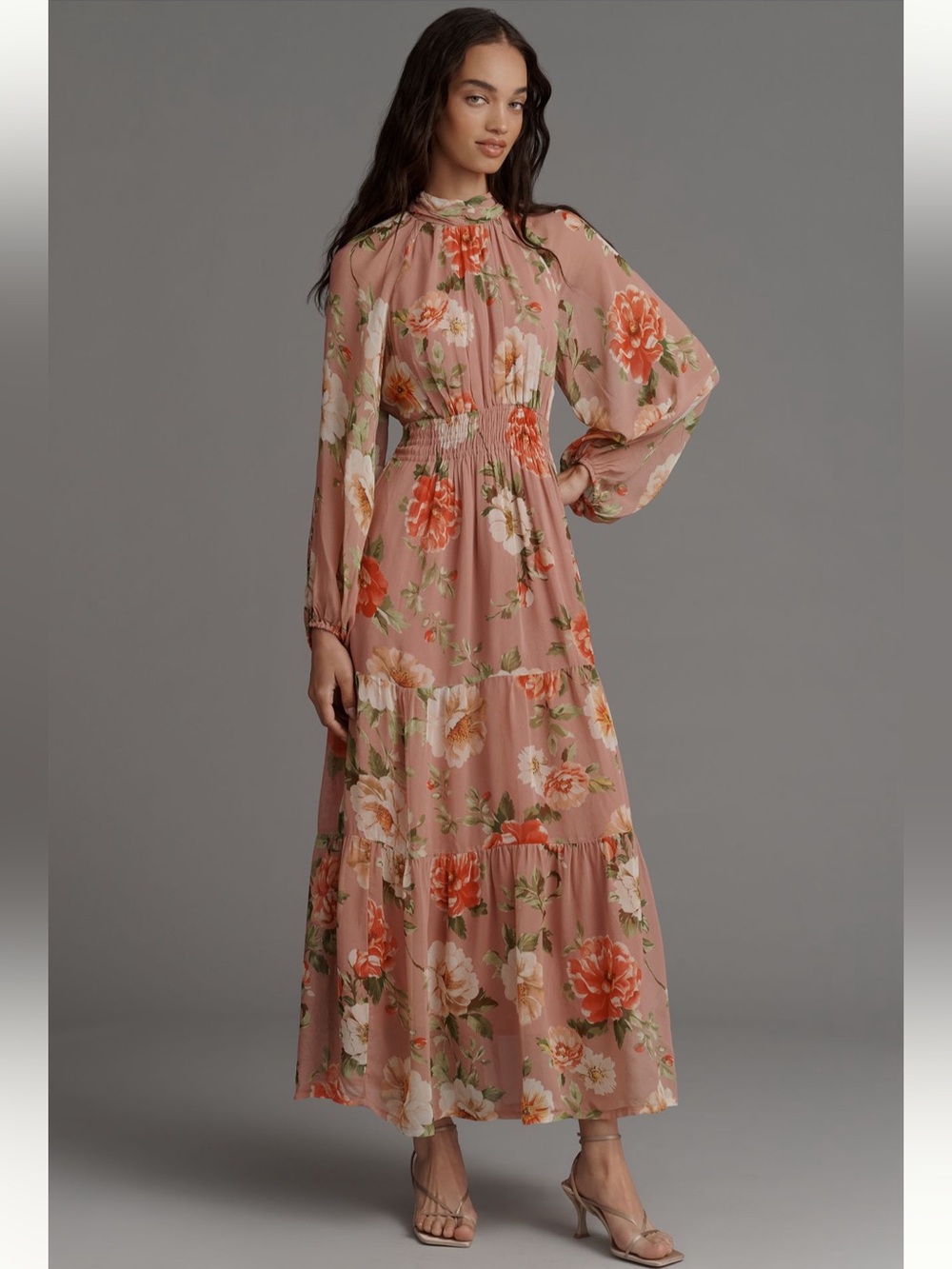 Anthropologie Somerset Long-Sleeve Floral Mock-Neck Chiffon Maxi Dress - Size S